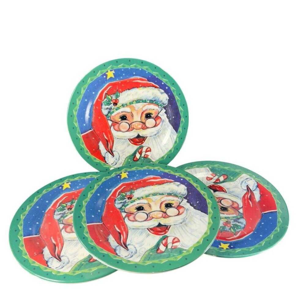 2006 Hobby Lobby Ceramic Round Dish Plate Set 4 Santa Claus Holiday Christmas